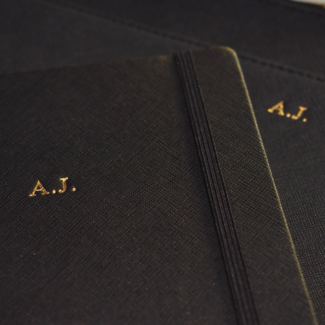 black saffiano leather with gold initials