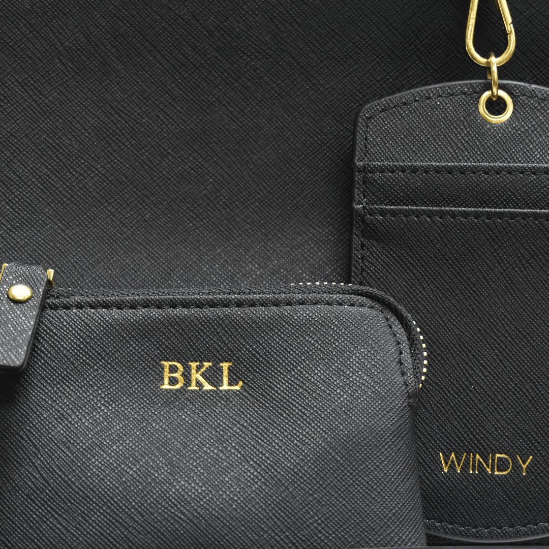a collection of customised gifts for him, including leather pouches and cardholders