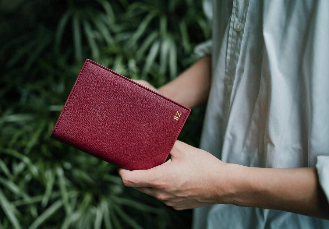 customised passport holder in burgundy