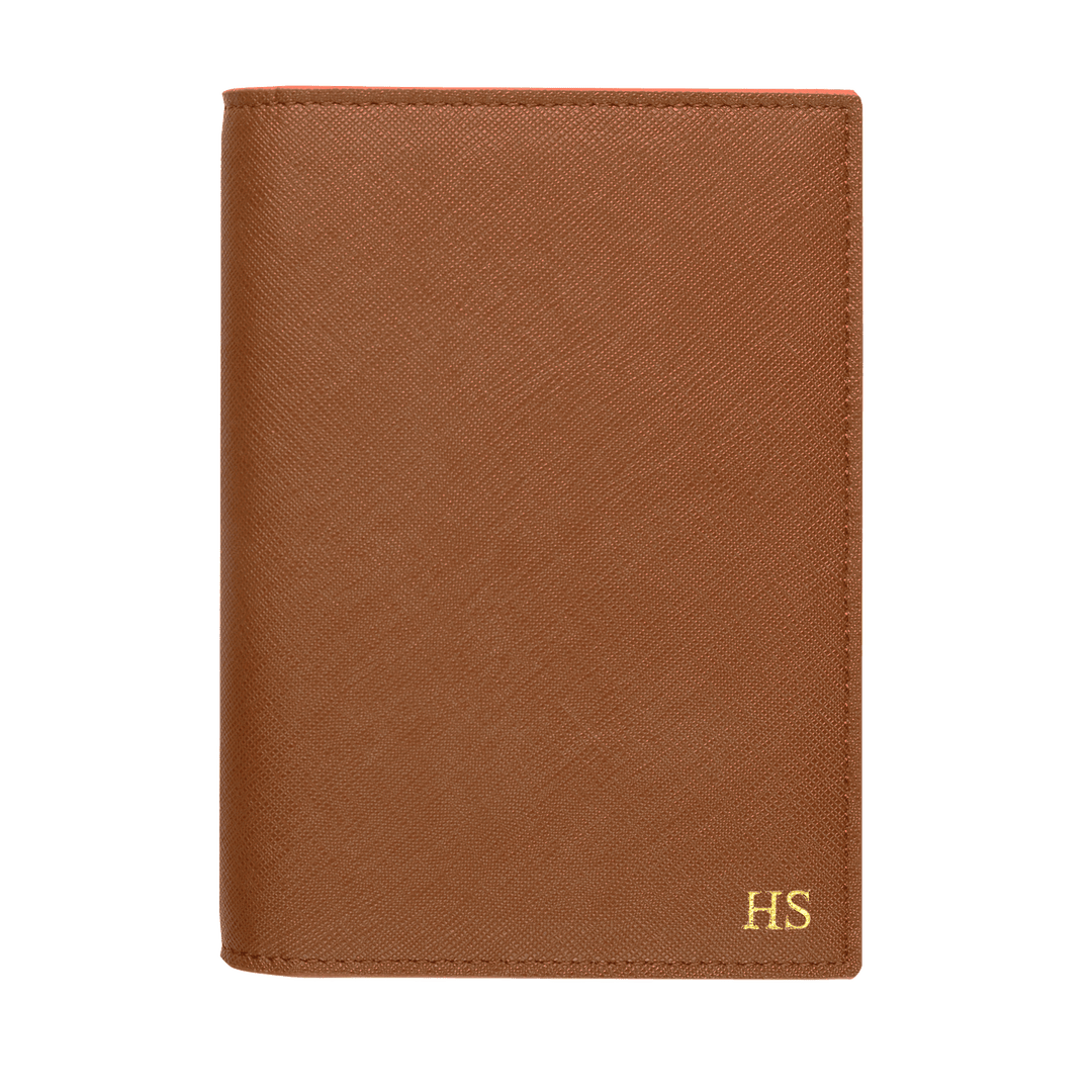 Saffiano passport cover in caramel with gold HS text