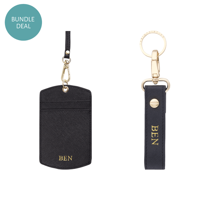 ID cardholder lanyard and keychain in black bundle