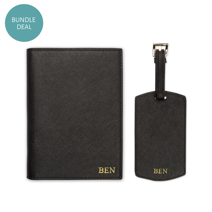passport cover and luggage tag in black with gold ben text