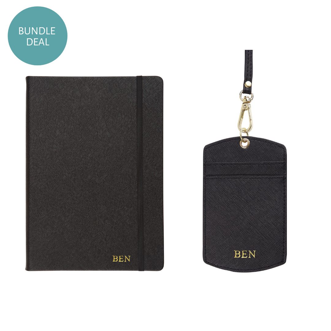 A5 notebook and ID cardholder lanyard in black bundle