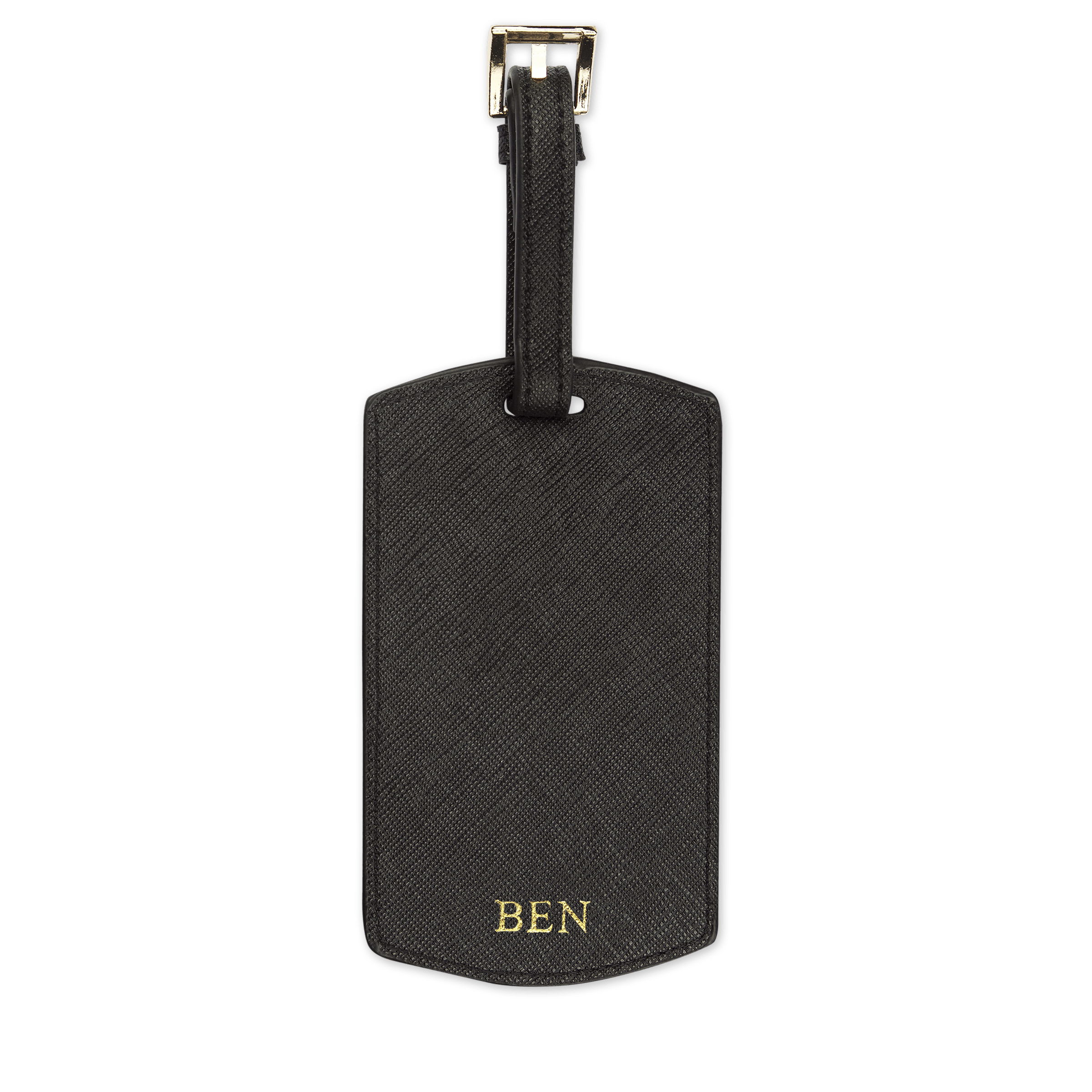 Saffiano luggage tag in black and with gold ben text