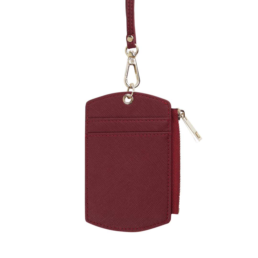 Saffiano ID Cardholder Lanyard with Zip | Burgundy