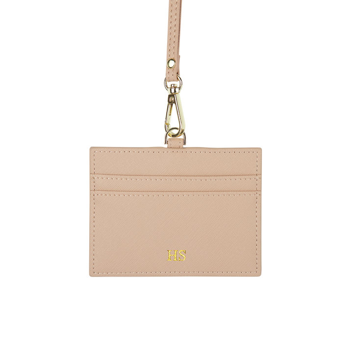 Saffiano horizontal ID cardholder lanyard in nude and with gold HS text