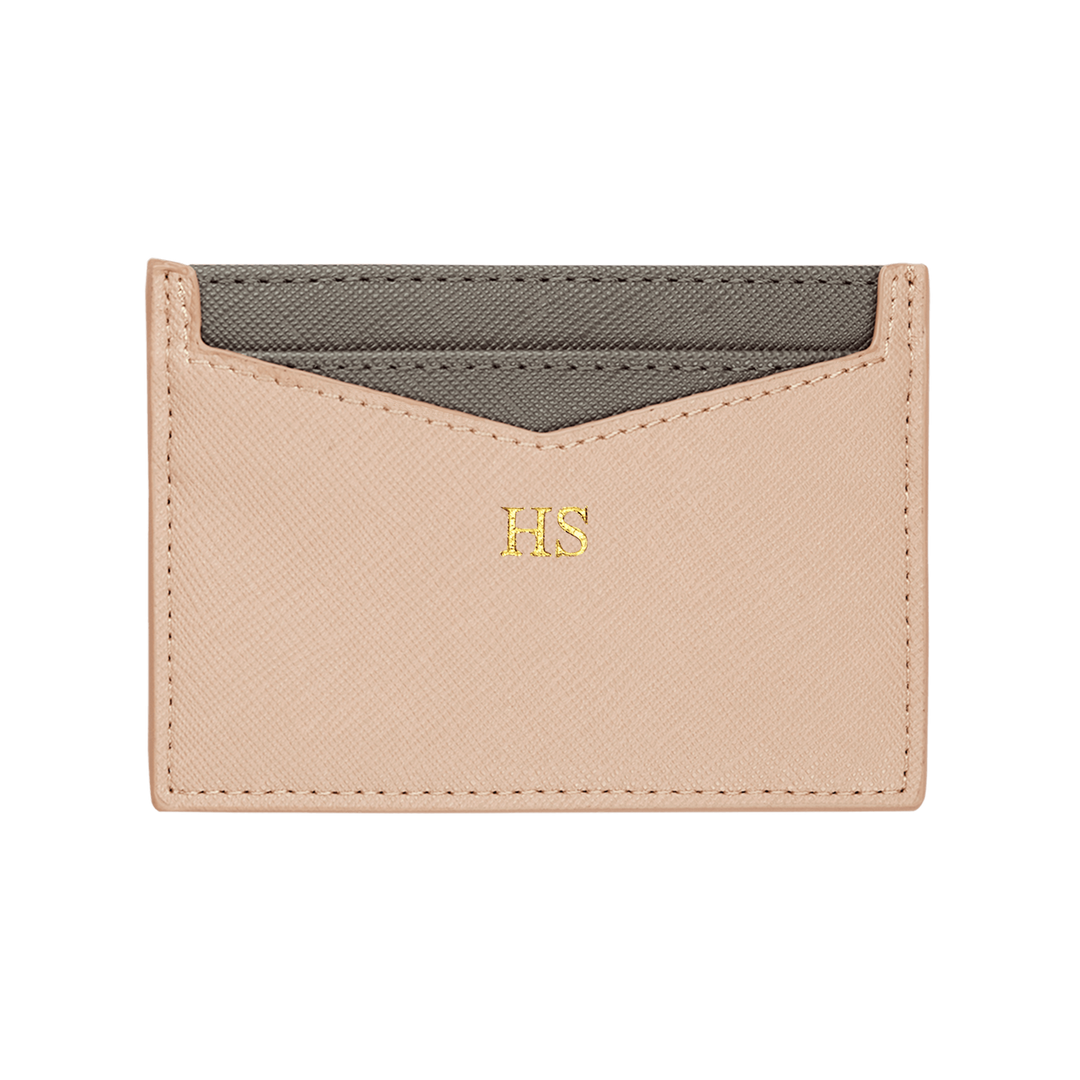 Nude customised Saffiano leather cardholder with gold “HS” text.